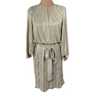 Esqualo Foil Blouson Mini Dress Gold Silver Size 6 Pleats Long Sleeve Animal Pri